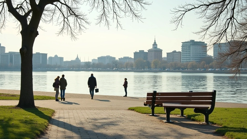 Daugava embankment with riverside benches, calm water, and city skyline in background
