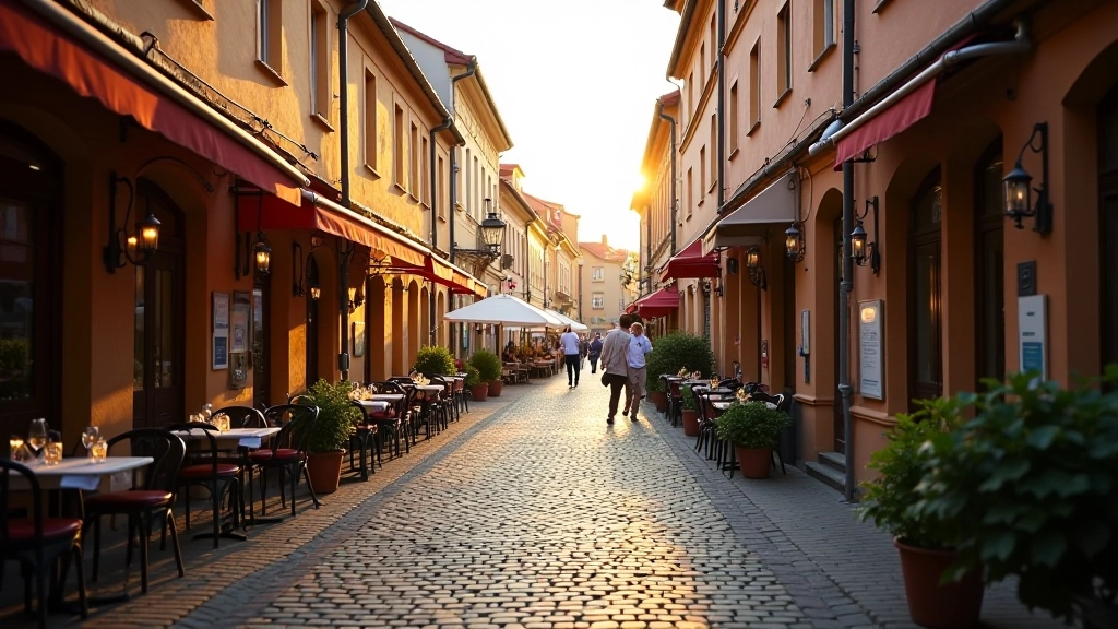 Charming cobblestone street in Riga's Old Town with historic buildings and outdoor cafe seating