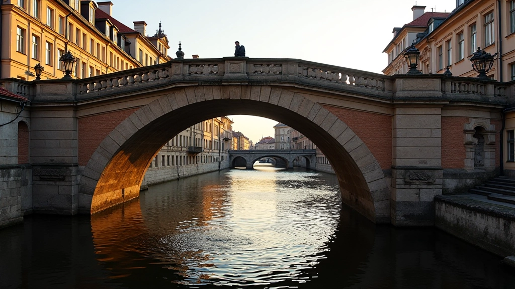 Stone bridge arch with river view below and historic buildings in background