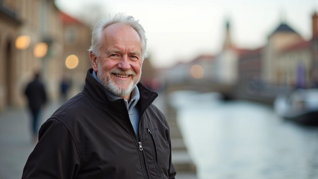 Portrait of Jānis, a guide in outdoor gear, welcoming expression, urban Riga backdrop