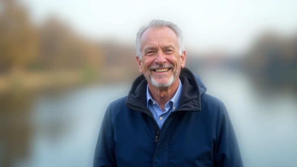 Portrait of Andris, a guide in casual jacket, friendly expression, Riga riverside setting