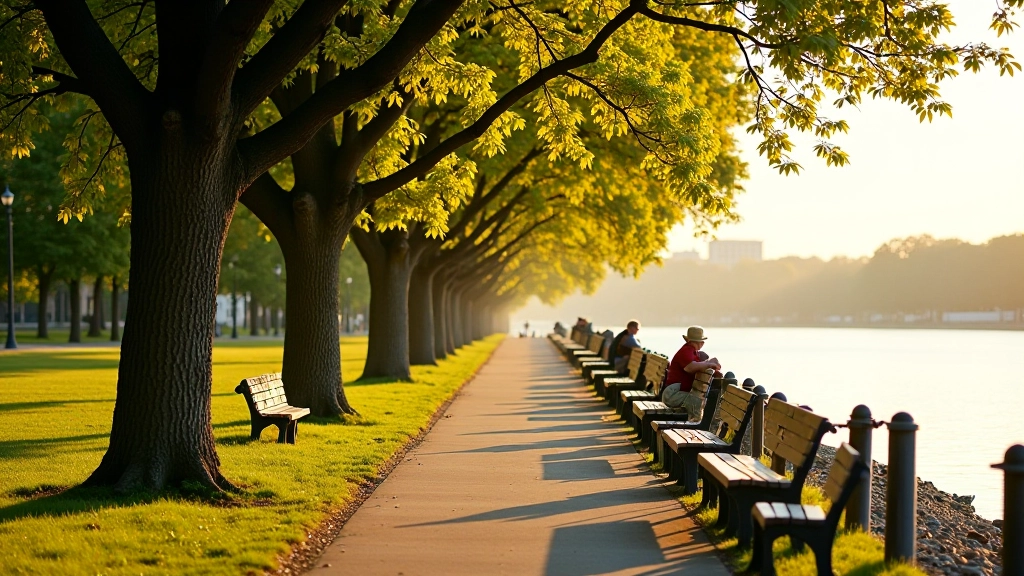 Peaceful riverside path along the Daugava with green trees and benches overlooking the water