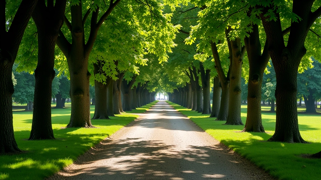 Shaded gravel walking path through Kronvalda Park lined with mature oak trees